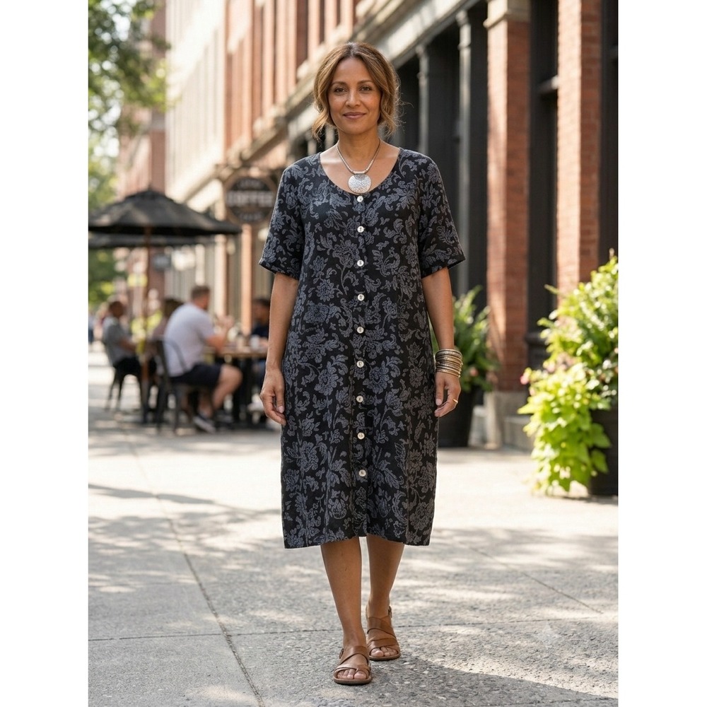 Ki Clayton Women Black‎ Gray Floral Linen Button Front Midi Lagenlook Dress Sz L